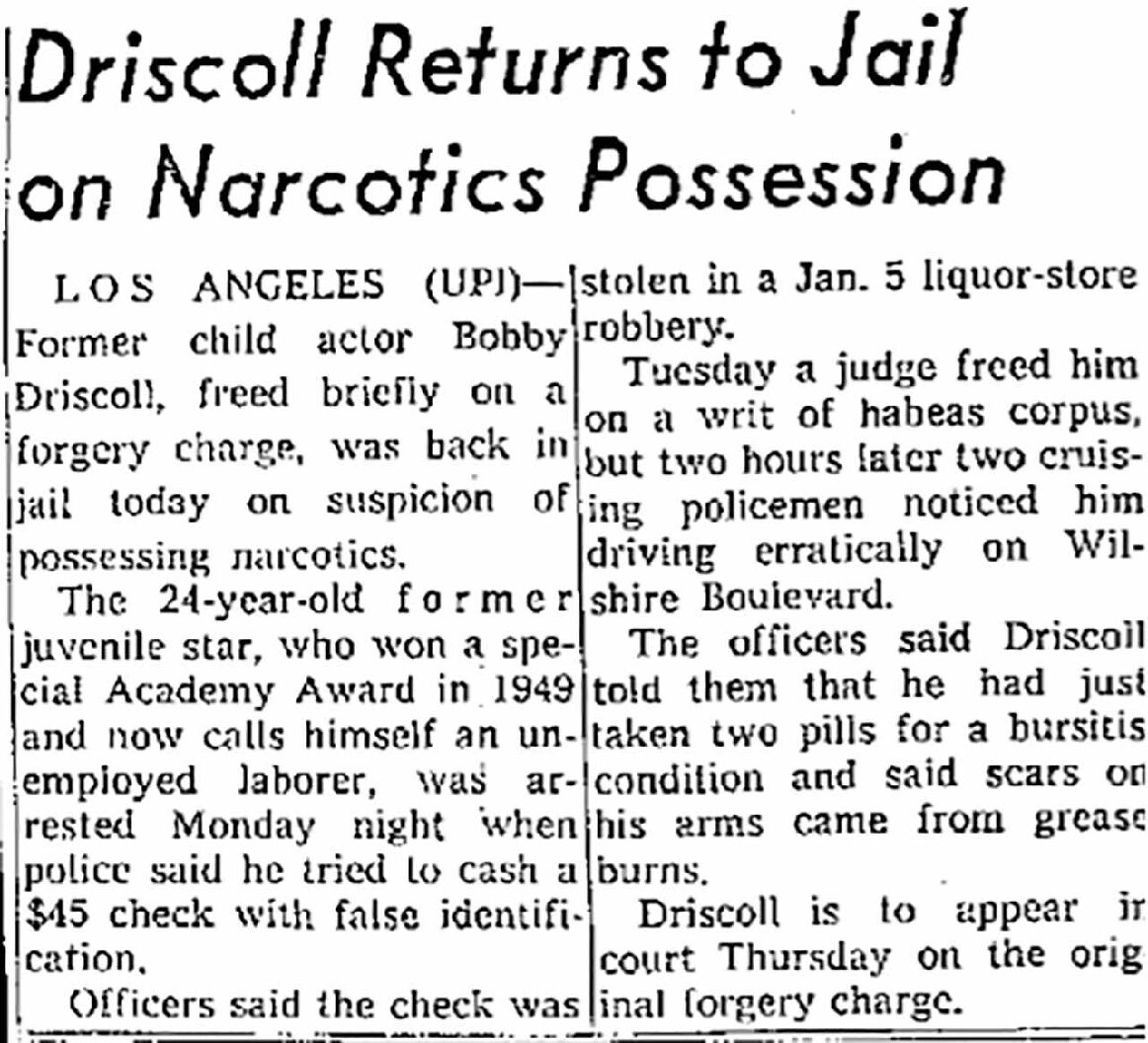 May 1961 Arrests (Forge Check and Narcotics) | Bobby Driscoll