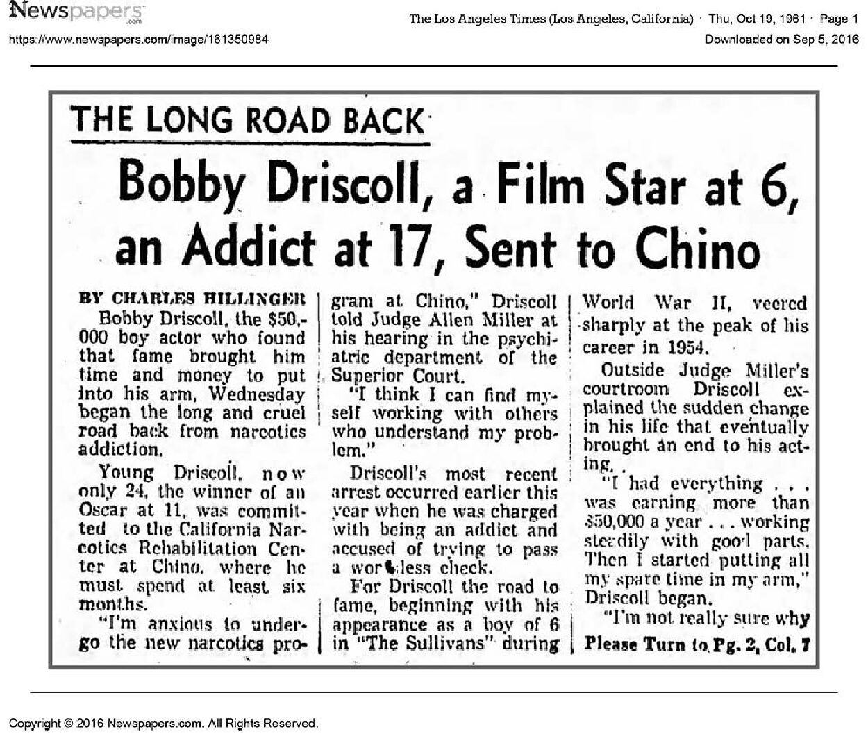 Bobby Committed to Narcotics Prison | Bobby Driscoll